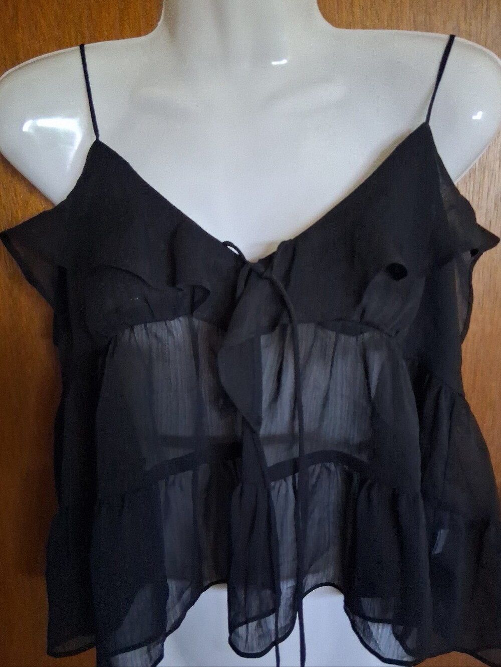 JOE FRESH SHEER BLACK RUFFLE SPAGETTHI-STRAP TOP